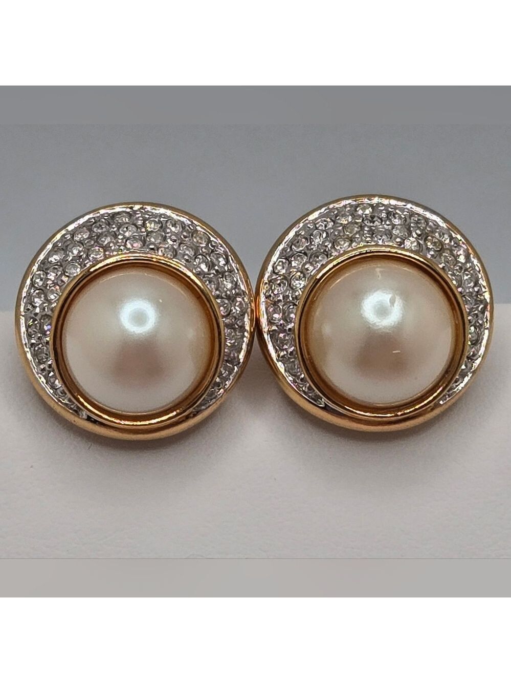 Vintage Monet Faux Pearl & Pave Crystal Clip-On Earrings Gold Tone